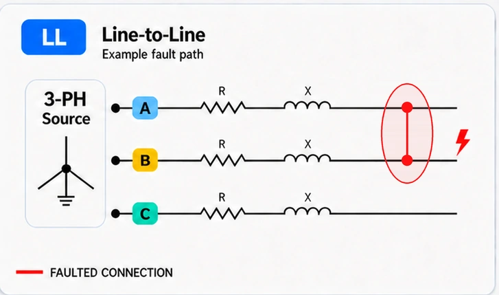 Line-to-line fault diagram with grounded wye source and phase impedance