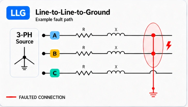 Line-to-line-to-ground fault diagram with grounded wye source and phase impedance